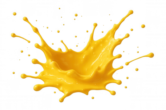 Yellow liquid splash creating a crown shape, bursting and scattering drops, transparent background