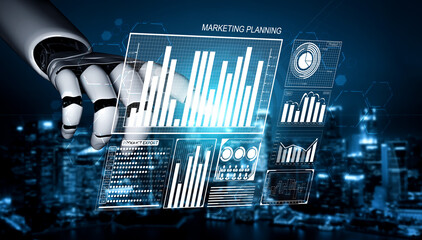 A robotic hand interacts with a futuristic marketing planning interface displaying various data...