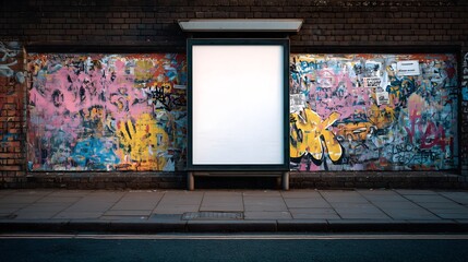 Blank billboard on graffiti-covered wall