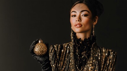 Elegant Woman in Sequined Gown Holds Golden Ornament
