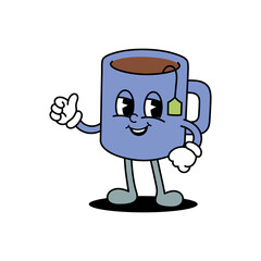 Retro Style Blue Teacup Character with Friendly Smile and Thumbs Up Gesture Against a White Background Simple Design