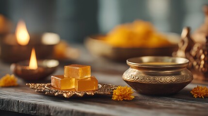 Fototapeta premium Golden sweets, traditional Indian bowl, and candles create a warm and festive scene.