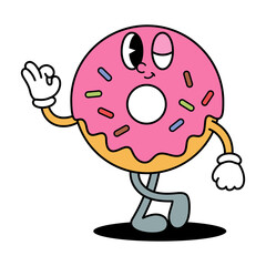 Retro Style Donut Character With Pink Frosting And Sprinkles Gesturing Ok Sign