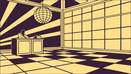 Retro interior design illustration minimalist style DJ at console disco ball checkered floor large window graphic art vintage style stylish room modern art simple design abstract art.