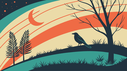 Retro Night Landscape with Bird and Crescent Moon stylized illustration nature graphic design art print whimsical minimalist vector artwork banner poster card wallpaper background.