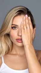 Woman with hand covering eye