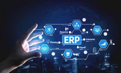 A hand reaches out to a digital interface showcasing an ERP system with icons representing various business functions, set against a futuristic background. Tessel