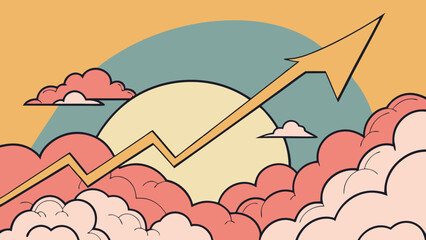 Retro Style Upward Trending Arrow Graphic Abstract Growth Chart in Clouds Success Concept Illustration Positive Progress Symbol Business Finance Design Motivational Poster Background.