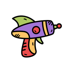 Retro futuristic toy ray gun illustration with purple body yellow accents red and green fins on a transparent background