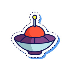 Retro pixel art flying saucer sticker with antenna and blue dotted border against a transparent background