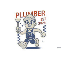 Retro Plumber Mascot Character Running With Plunger Tool And Wearing Overalls And Cap With Est 2024 Text In Pixel Art Style