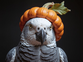 African Grey Parrot with pumpkin hat, illustration for stationery,African Grey with pumpkin hat, charming for stationery design.