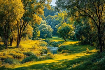 Fototapeta premium Golden tranquility: autumn's embrace in the morning meadow. Elegant presentation. Golden meadow glow: subtle mist and trees at dawn. Luxury apparel. Extravagant style.