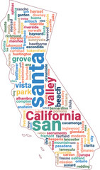 Obraz premium California State Map Word Cloud Featuring Major Cities Los Angeles San Francisco San Diego