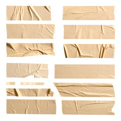 Close-up of assorted, used strips of adhesive tape against a solid black background