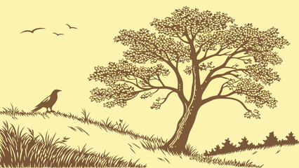 Fototapeta premium Stylized illustration of a bird tree and grassy landscape perfect for nature wildlife and environmental themes.