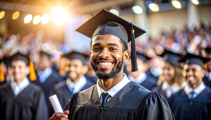 Fototapeta premium Radiant African American Graduate Beaming with Pride at Sun-Drenched Ceremony