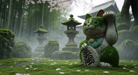 Maneki Neko moss sculpture in a serene Japanese garden