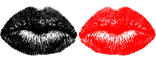 Black and Red Lip Print Human Lips Hand Stamped Style Isolated on a Transparent or White Background