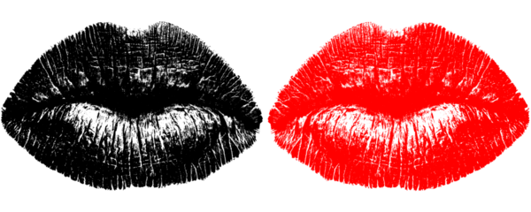 Black and Red Lip Print Human Lips Hand Stamped Style Isolated on a Transparent or White Background