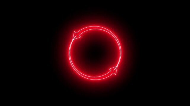 Rotating circle arrows neon bright red color animation 4k video.