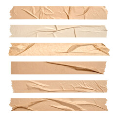 A collection of brown and beige adhesive tape strips with varied textures and edges on black