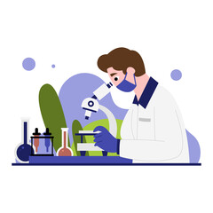 Scientist Wearing Lab Coat And Gloves Observing Through Microscope In A Laboratory With Beakers And Test Tubes Filled With Liquids Amidst Abstract Green And Purple Shapes Under Bright Lighting