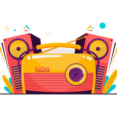 Retro Yellow Boombox with Two Pink Speakers and Colorful Accents on a Transparent Background Representing Music and Entertainment