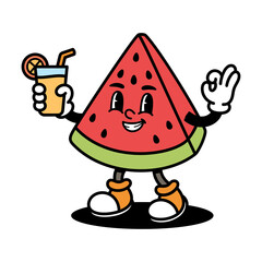 Retro Watermelon Slice Character Holding Orange Juice with a Straw and a Happy Expression Wearing White Gloves and Orange Shoes