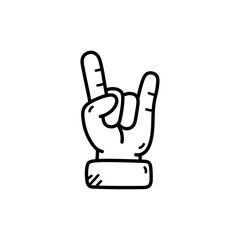 Rock On Hand Gesture Illustration Doodle Style Black Outline On Transparent Background