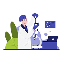 Scientist in lab coat using dropper and microscope for research with laptop and molecular structure diagram in a laboratory setting with green plants in the background scientific discovery concept