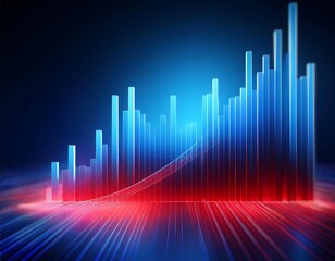 Here's a description and related keywords:

An abstract visualization of data trends. The image shows a glowing graph with rising columns and a curve, suggesting growth. It features a gradient color s