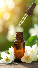amber glass bottle with a glass dropper pipette dropping a drop essence oil essential Jasmine Jasminum grandiflorum