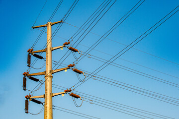 High voltage power pole, supporting corner high voltage line close-up