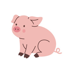 Pink piglet with round cheeks and curly tail. Cute flat farm animal vector illustration for kids, nursery, and playful designs