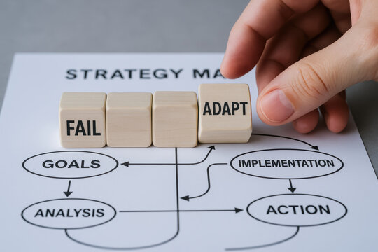 Adaptive business strategy concept on planning sheet with wooden blocks and hand turning block to adapt for success