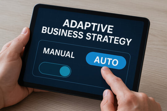 Adaptive business strategy on tablet with manual and auto options selected offering agile decision making for modern companies