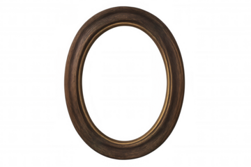 Empty antique oval picture frame with dark wood texture and golden inner border, isolated on transparent background