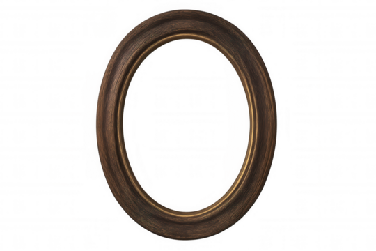 Empty antique oval picture frame with dark wood texture and golden inner border, isolated on transparent background