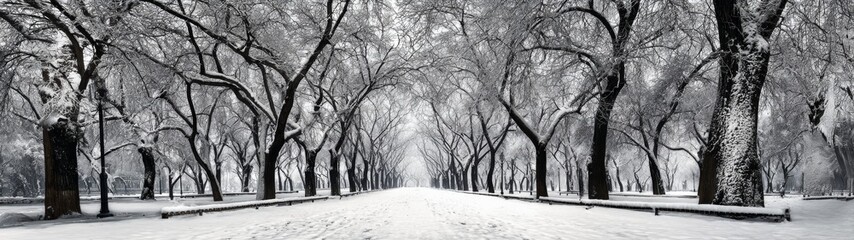 First winter embrace: a pristine path cloaked in white snow. Scifi poster. Icicles and dawn: enriched snow scene on a forest path in nanhu park. Fantasy poster. Advertising photo.