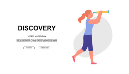 Walking woman with a spyglass. Colorful modern design for discovery and exploration themes