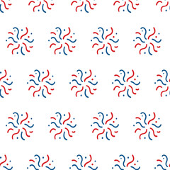 Seamless pattern with playful red and blue fireworks. Vibrant bursts with stars and dots