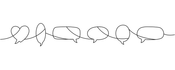 Continuous line art with six connected speech bubbles. Minimalist outline art for modern communication themes