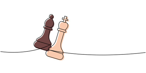Linear minimalist outline of a brown chess bishop and a peach king leaning on a line, abstract design of power and strategy