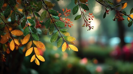 close-up view of green and golden-yellow leaves with red buds against blurred forest background, perfect as a natural background or overlay for seasonal artwork