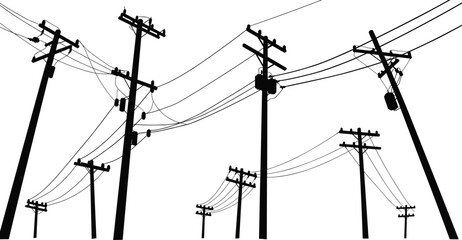 Utility poles, power lines, transformers, silhouette, electricity distribution, energy, voltage, infrastructure, rural, urban, industrial, grid, network, insulators, connection
