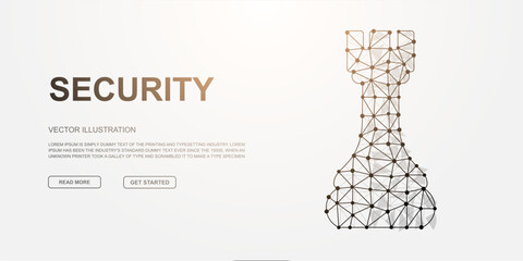 Polygonal wireframe rook chess piece symbolizing digital security, protection, and strong defense in a connected network