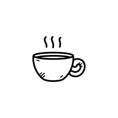 Simple black and white doodle illustration of a steaming coffee cup on a transparent background perfect for Ramadan themes and everyday beverages.