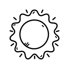 Simple Black and White Doodle Illustration of a Stylized Sun with Rays on a Transparent Background