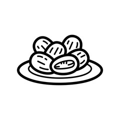 Simple Black and White Doodle Illustration of Dates on a Plate with a Transparent Background Ideal for Ramadan or Islamic Themed Designs